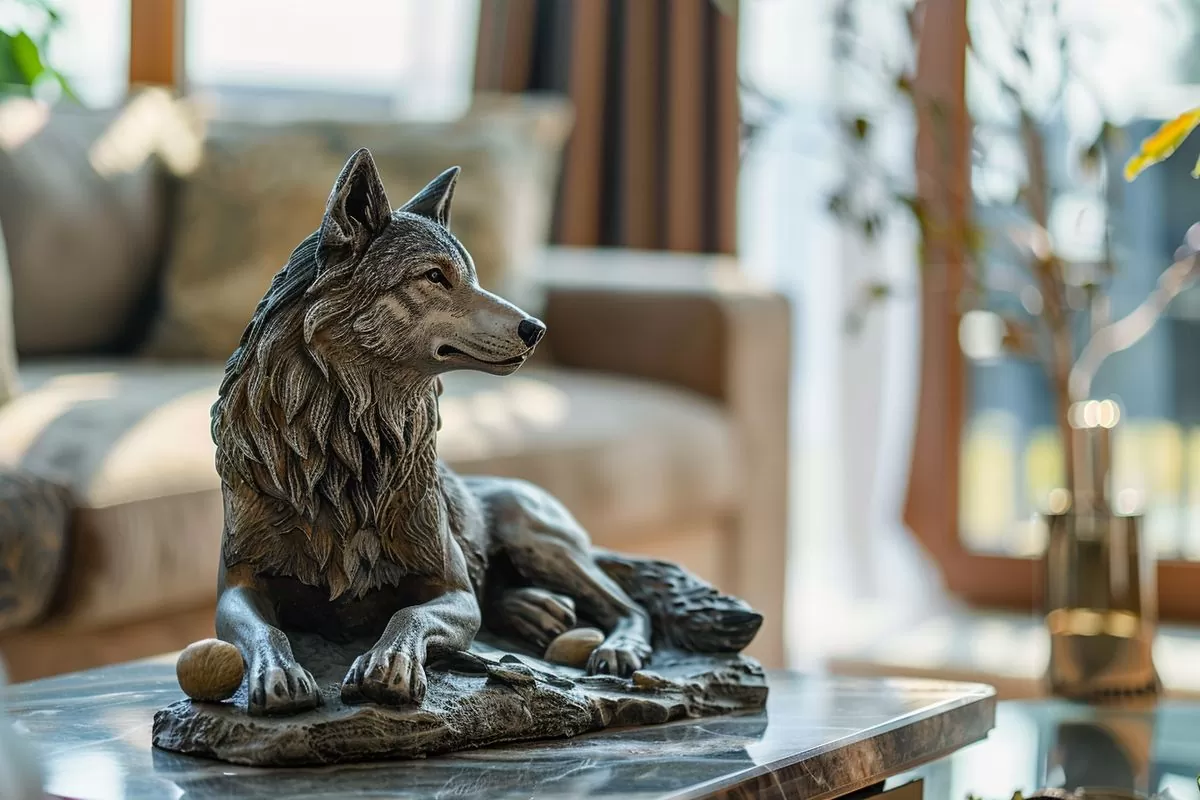 Placing a wolf statue on a protected shelf or table indoors.