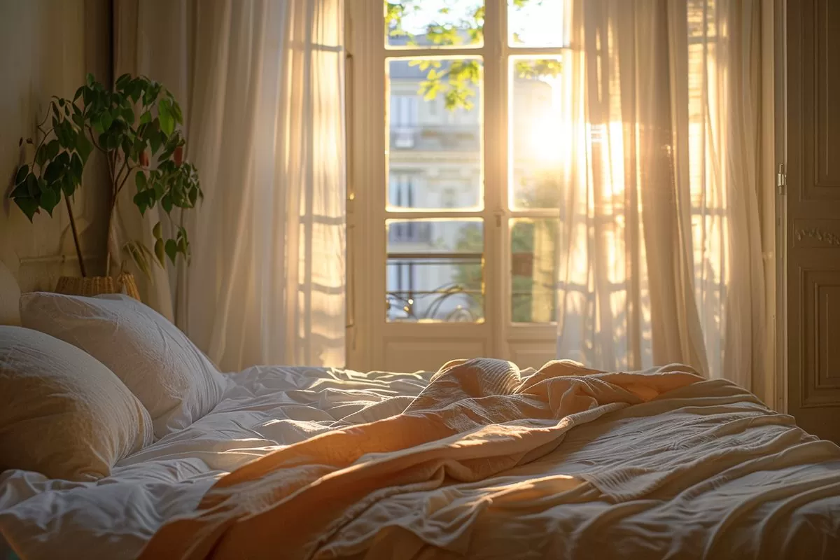 Sunlight streaming through sheer curtains in a cozy bedroom in Paris.