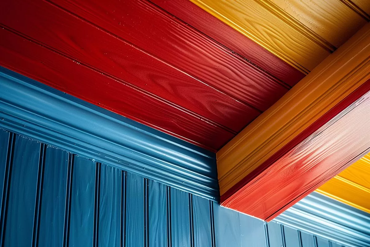 Closeup of a ceiling painted in a bold color or intriguing pattern.